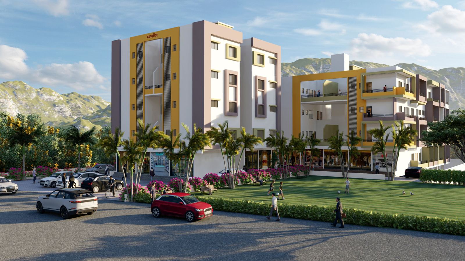 Swapnadeep Apartment front view with shops on the ground floor and a lawn