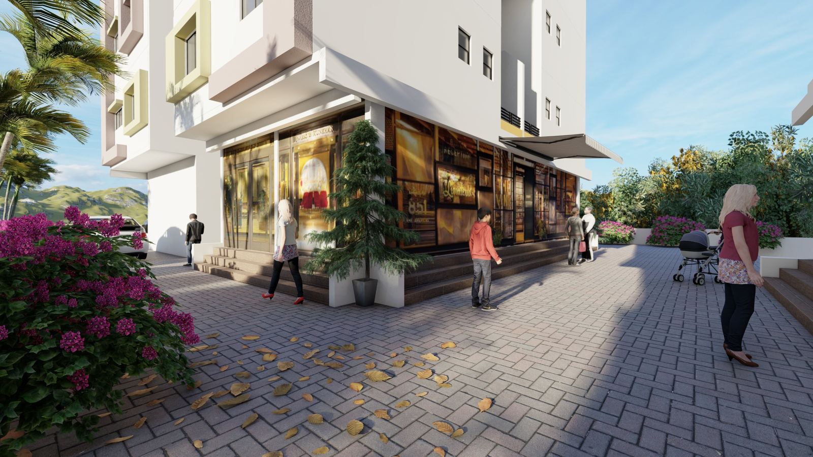 Corner shop frontage with paved walkway